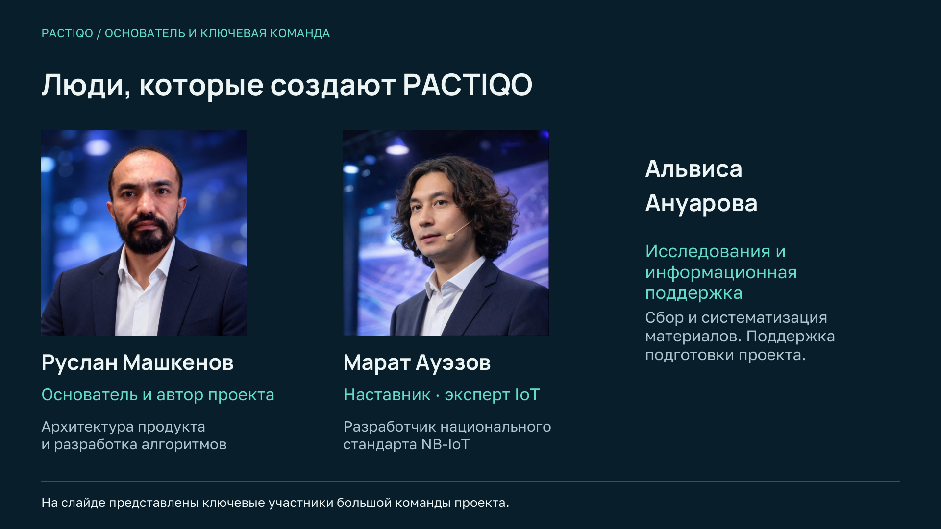 Руслан Машкенов — основатель и автор проекта. Марат Ауэзов — наставник, эксперт IoT, разработчик национального стандарта NB-IoT. Альвиса Ануарова — исследования и информационная поддержка.